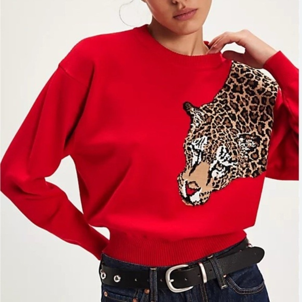 Ronny Kobo Red Nahilla Leopard Crewneck Sweater Pullover Size Medium